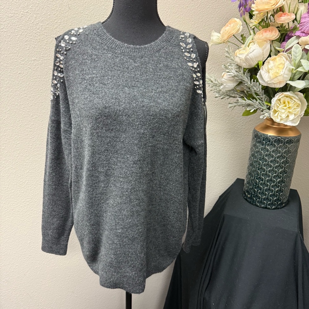 INC Gray Embellished Cutout Shoulder Sweater L Sparkle Detail Winter Chic